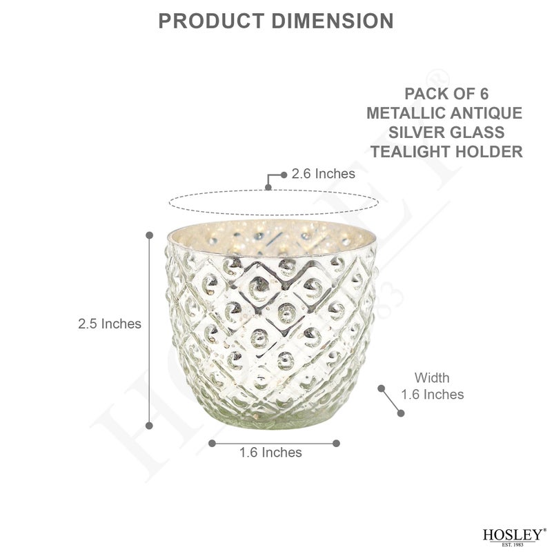Hosley Set of 6 Metallic Antique Silver Glass Votive Tealight Farmhouse Candle Holder 2.75 Inch Diameter Ideal for Bridal Weddings Parties Events Spa Settings and Aromatherapy MINI Flower Pot O4 - Image 2